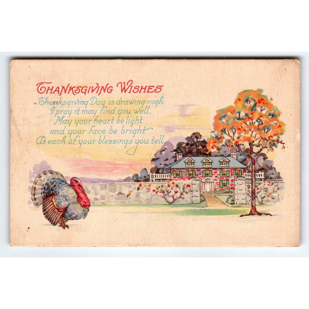 Vintage 1928 Thanksgiving Lithograph Postcard Turkey & Autumn Home